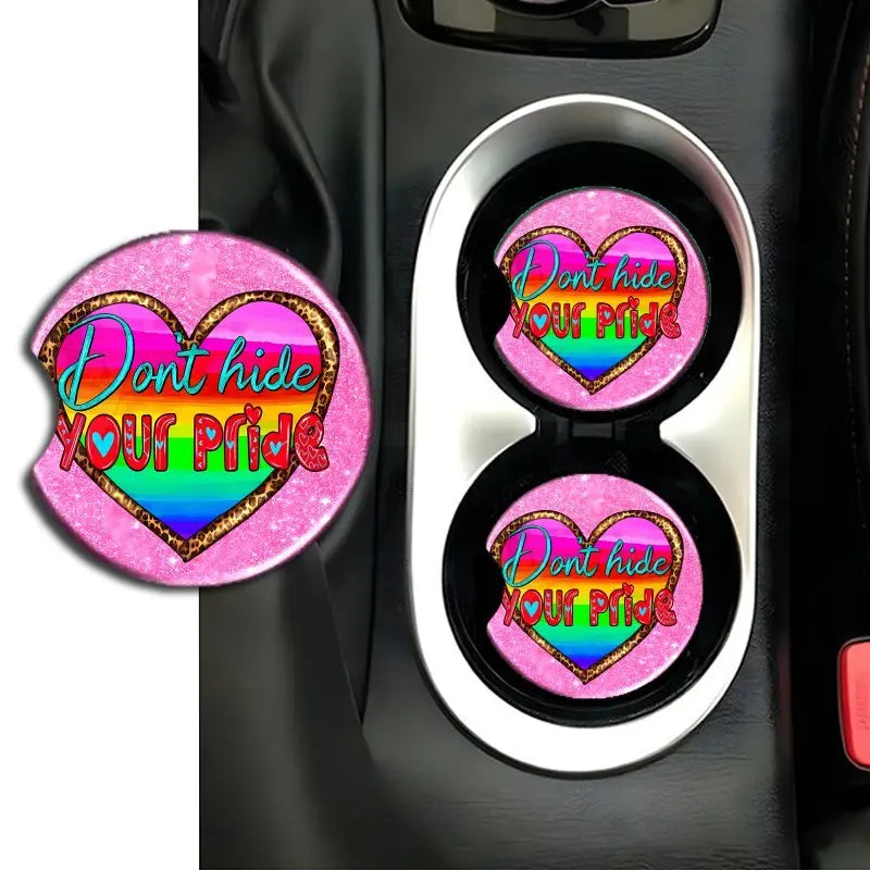 Rainbow Pride Heart Car Coasters – Heat-Resistant Acrylic Set of 2 Car Coaster Set HIP 1 Other