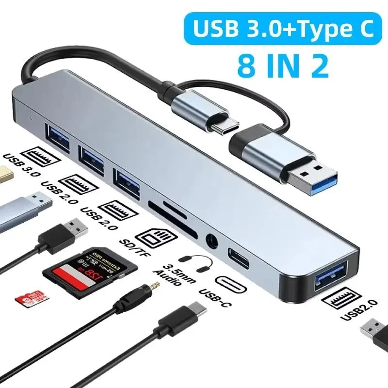 8-in-2 USB-C Hub – Audio Jack, Card Reader & USB Ports USB-C Docking Hub HIP