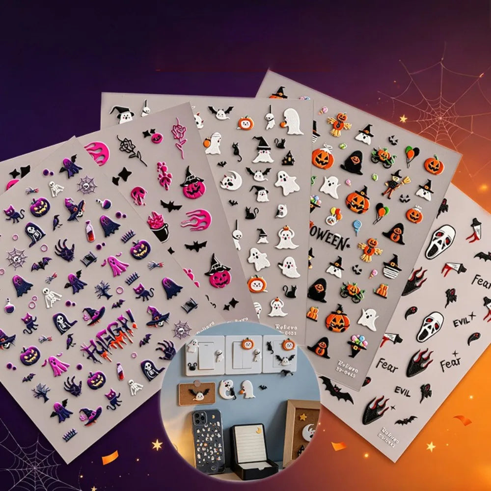 5D Embossed Nail Art Stickers Waterproof Halloween Christmas Handset Decals DIY Manicure Graffiti Decoration Nails Art Ornament HIP