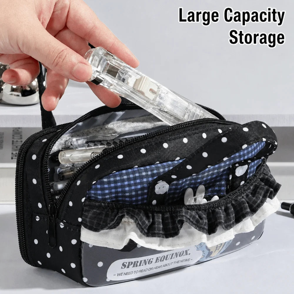 Kawaii Ruffle Lace Pencil Case – Polka Dot Multi-Layer Pouch Pencil Case HIP