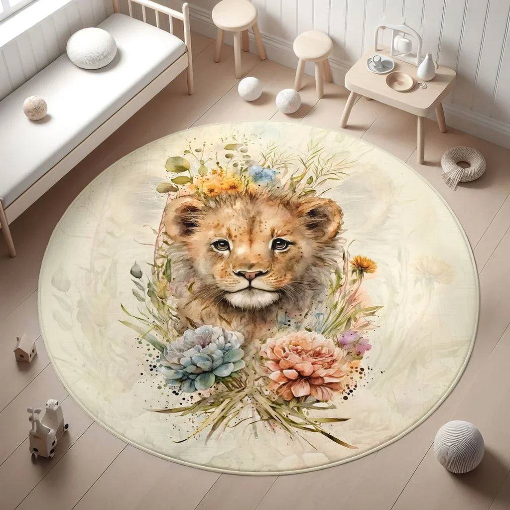 Lion Safari Kids Round Rug – Non-Slip Washable Playmat Kids Area Rug HIP 3 40x40cm