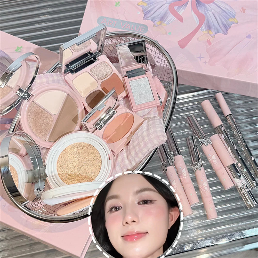 13Pcs Full Face Makeup Kit Butterfly Eyeshadow Blush Highlighter Contour Lip Mud Air Cushion Eye Brow Gel Mascara Necklace Gift HIP