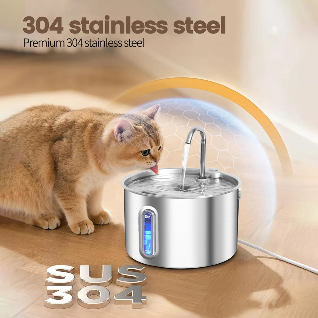 Cat Water Fountain, 2.2L/74oz Stainless Steel Automatic Pet Drinking Fountain with 3/9 Replacement Filters, Ultra-Quiet Design HIP