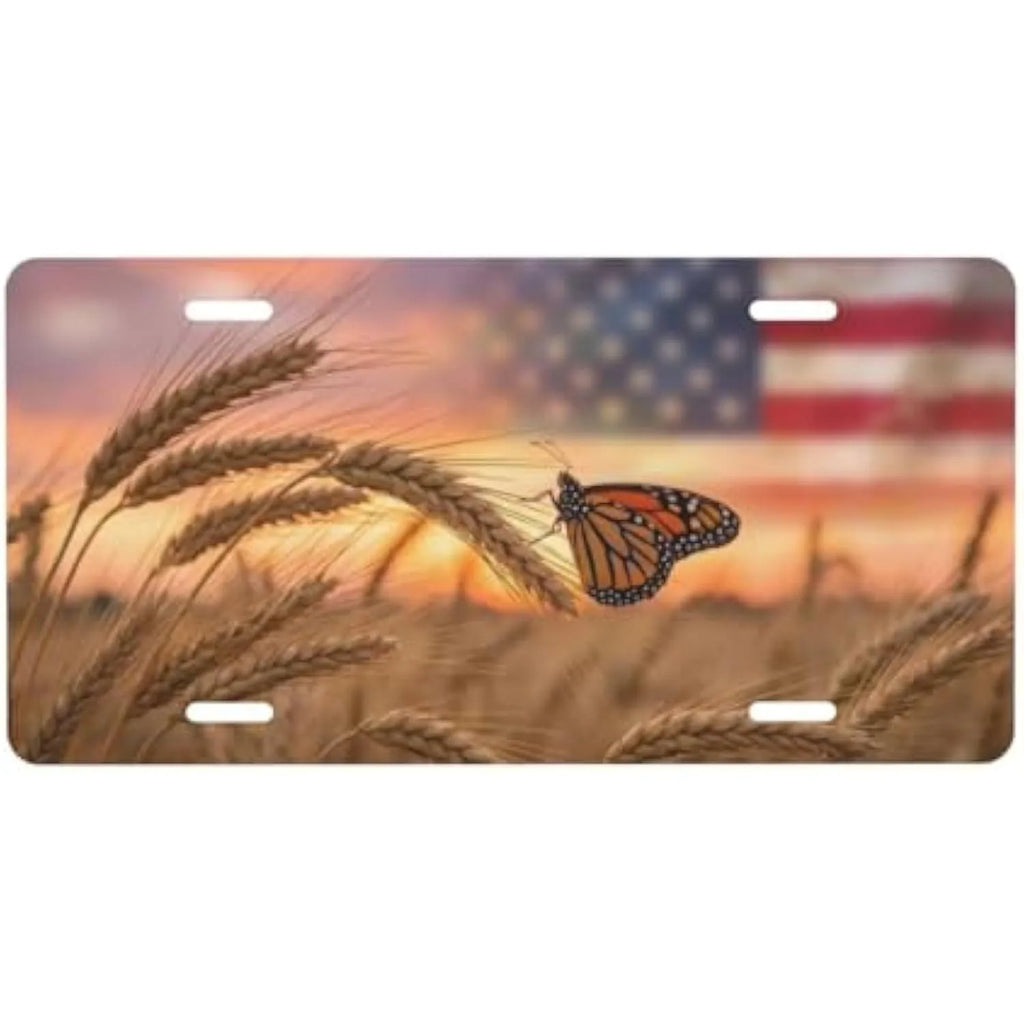 Patriotic USA Flag Butterfly Wheat Field Aluminum Vanity Tag Decorative License Plate HIP 1
