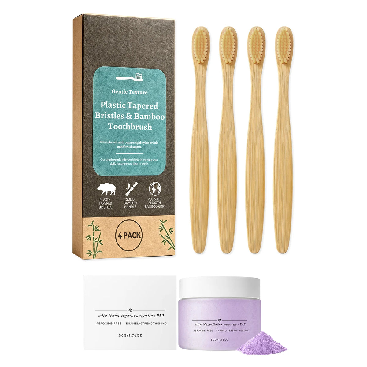 Mint Tooth Cleaning Powder & Bamboo Toothbrush Set – 50g Oral Care Set HIP 1Set