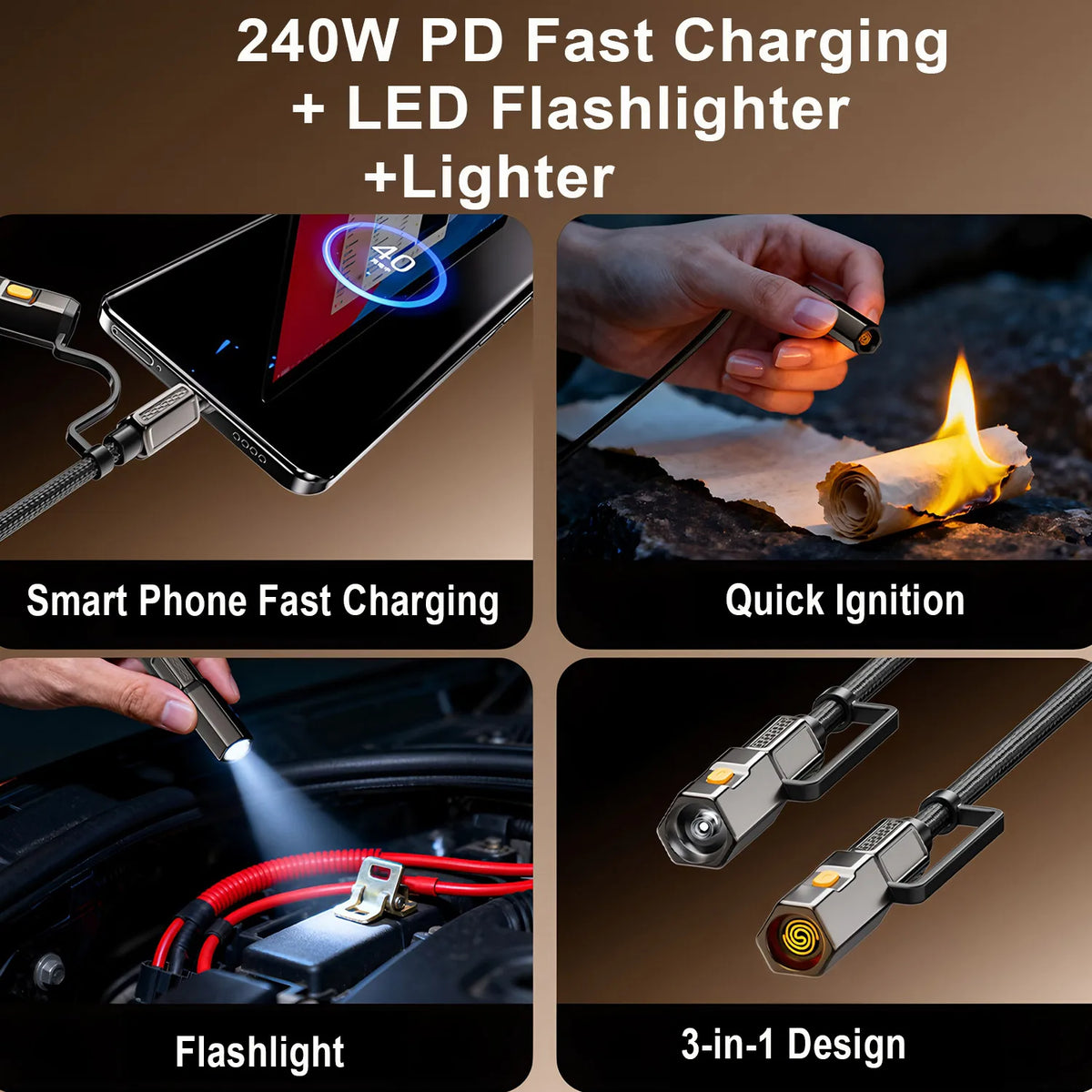 BESY USB-C Fast Charging Cable with Lighter & LED Flashlight USB-C Charging Cable HIP