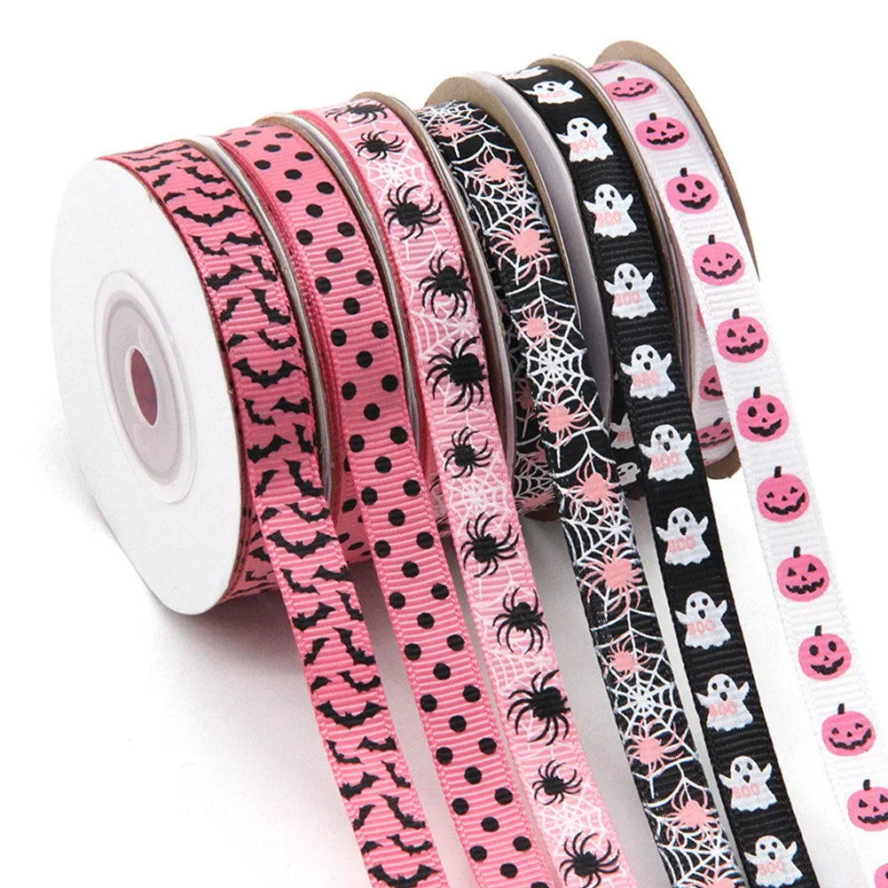 10Yards/roll Halloween Themed Flower Ribbon Pumpkin Ghost Print Wrapped Ribbon Bow Ribbon DIY Holiday Decoration Material Ribbon HIP