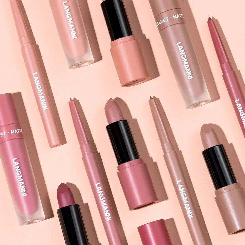 3PCS Matte Lipstick Set Nude Brown Velvet Liquid Lip Gloss Waterproof Non-stick Cup Lip Liner Plumper 24HR Lasting Not Easy Fade HIP