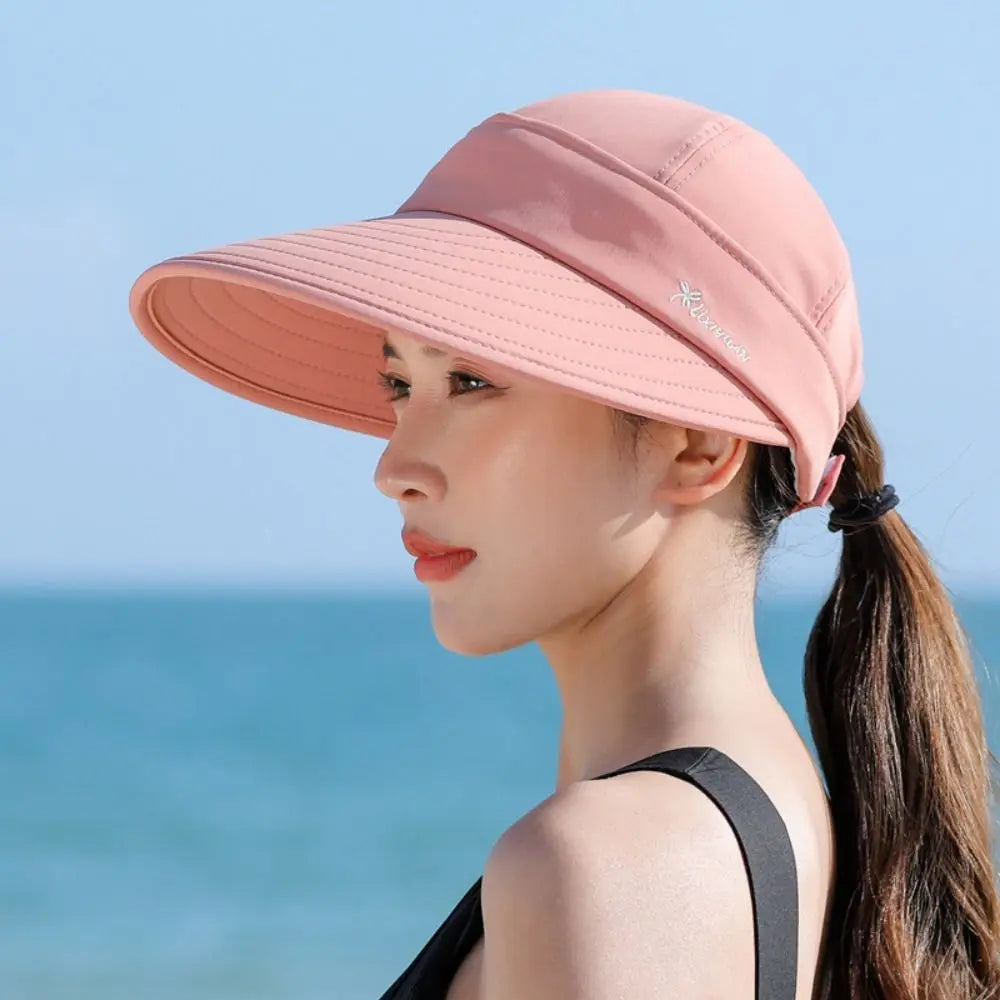 Women's Foldable Wide Brim UV Sun Hat – Ponytail Cap Women's Sun Hat HIP dark pink