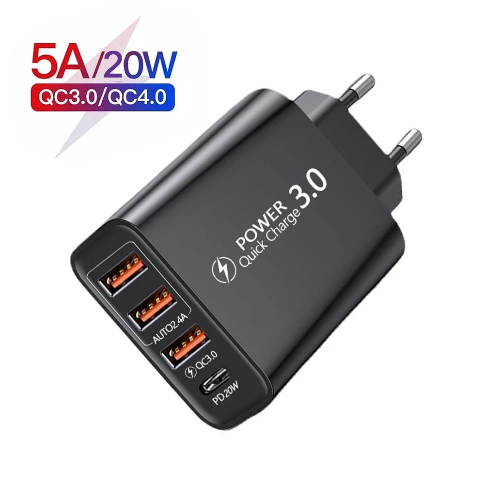 20W PD 4 Ports USB 5V4A Charge Power Adapter Mobile Phone Charger QC3.0 Charging EU/US Plug Outlet Travel Charger 110V 220V HIP