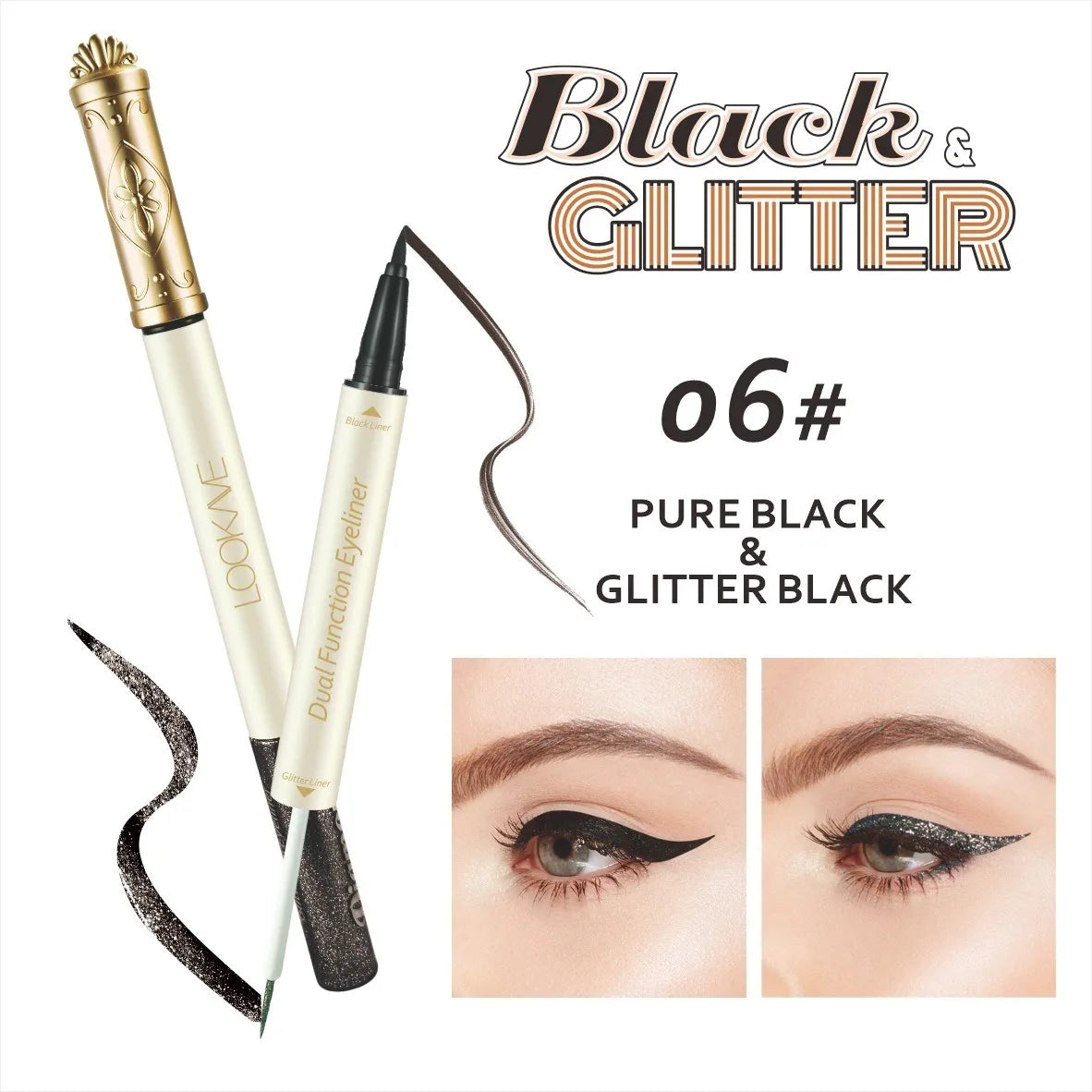 Dual Eyeliner Wand Pearlescent Diamond Eye Shadow Liquid Sequins Smooth Mini Fine Brush Black Silver Gold Glitter Eye Pigment HIP 06