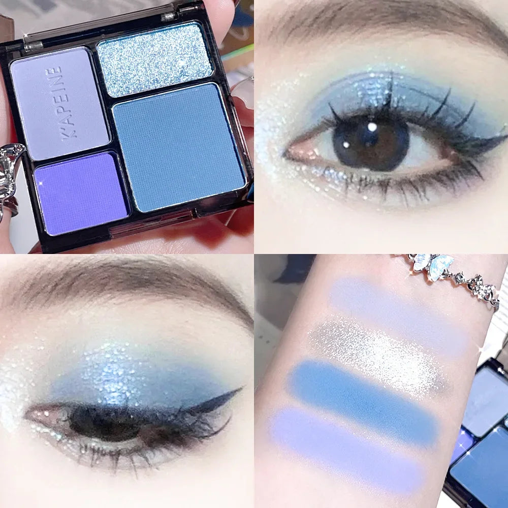 4-Color Glitter & Matte Eyeshadow Palette – Blue & Neutral Eyeshadow Palette HIP