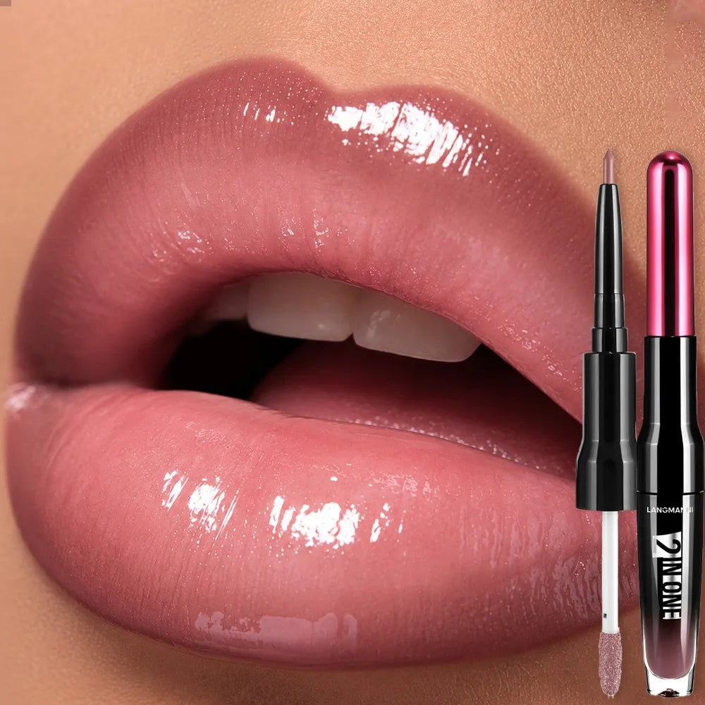 Dual End Wine Bottle Lip Makeup Matte Lip Liner Pen Mirror Glossy Lipgloss Long Lasting Moisturizing Shiny Lip Contour Cosmetic HIP