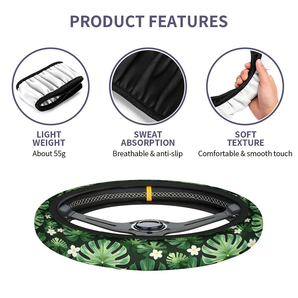 Tropical Leaf & Flower Car Steering Wheel Cover – Soft Grip Steering Wheel Cover HIP