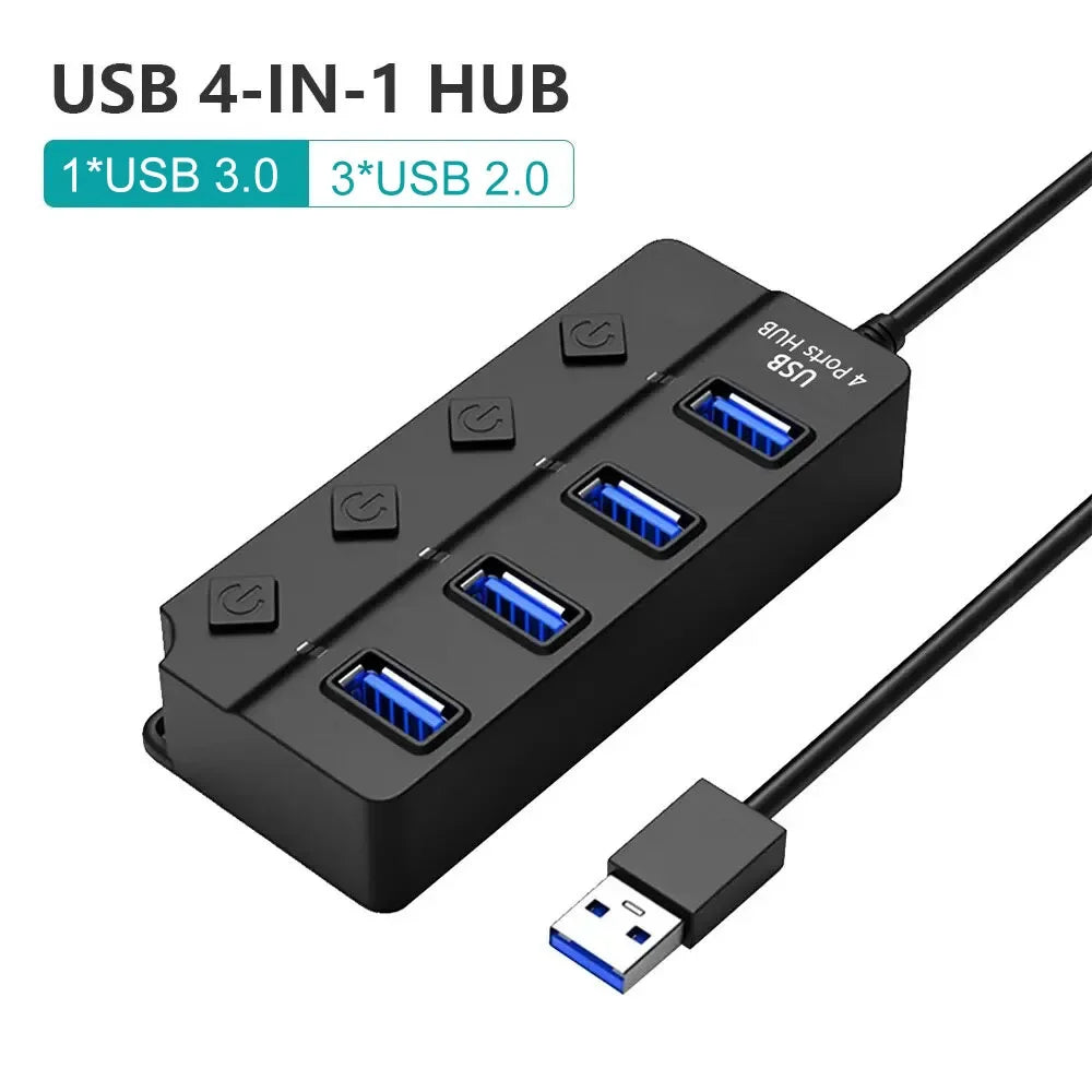 KEBIDUMEI 4-Port USB 3.0 Hub with Individual On/Off Switches USB Hub HIP 1xUSB3.0 3xUSB2.0