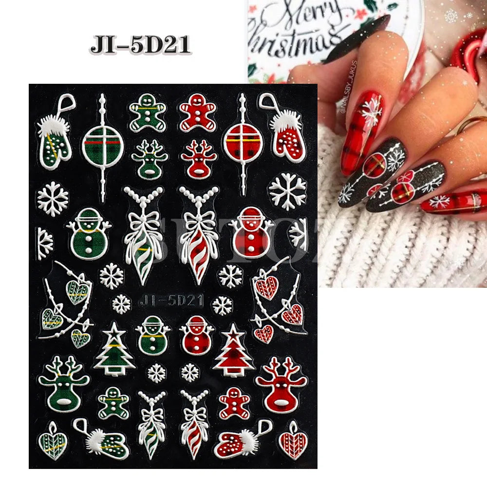 5D Embossed Santa Claus Gingerbread Man Elk Nail Art Stickers Christmas Cartoon Bear Snowman Tree Sliders New Year Xmas Decals HIP 21