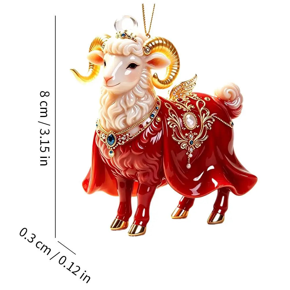 2D Flat Christmas Hanging Pendant Acrylic Red Gold Chinese Zodiac Goat Xmas Tree Hanging Ornament New Year Car Goat Pendant HIP