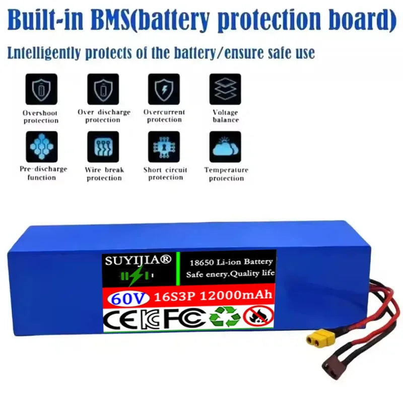 60V 12Ah 16S3P Lithium Battery Pack for E-Bike & Scooter Lithium Battery Pack HIP