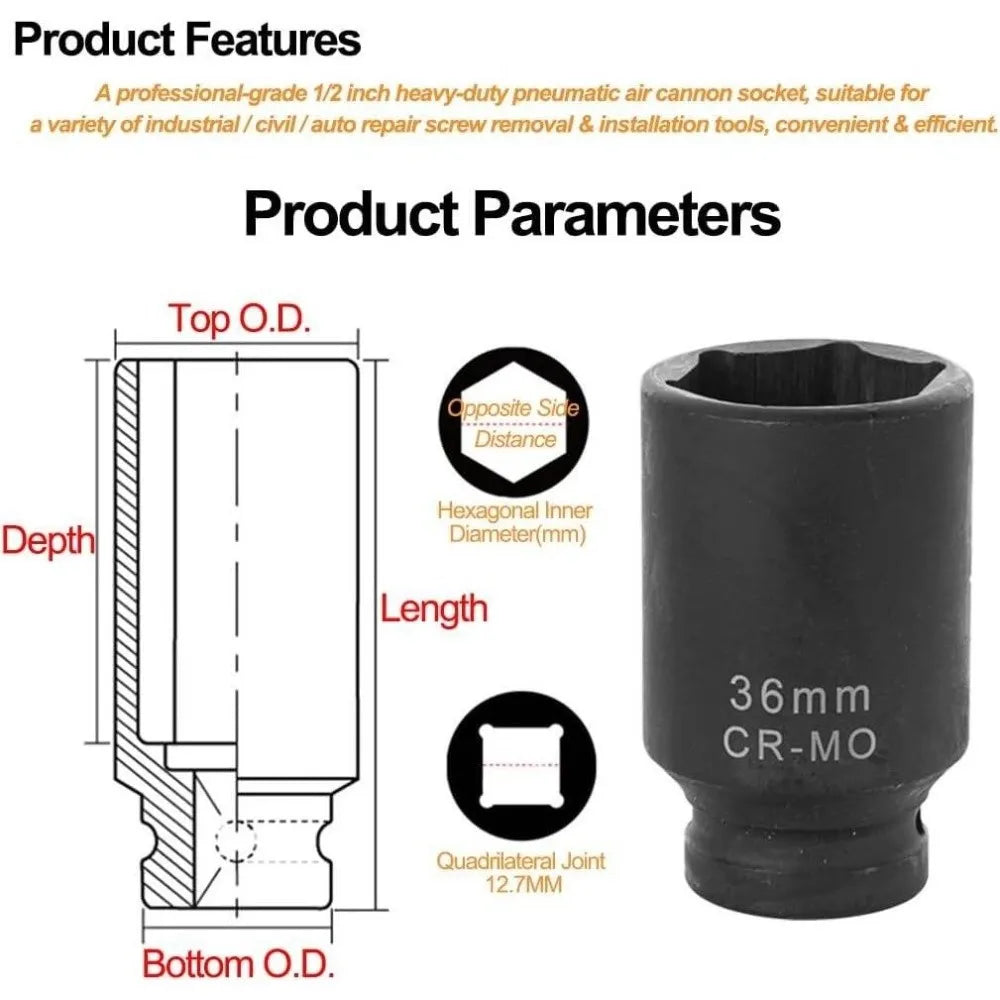 1/2" Drive Impact Socket 6-Point 24mm & 36mm – Heavy Duty Impact Socket HIP