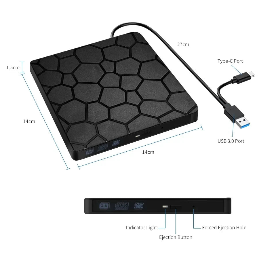 2 in 1 External DVD RW Drive USB 3.0 Type C Interface Slim DVD CD Writer Burner Reader Player Optical Drive For Laptop Notebook HIP