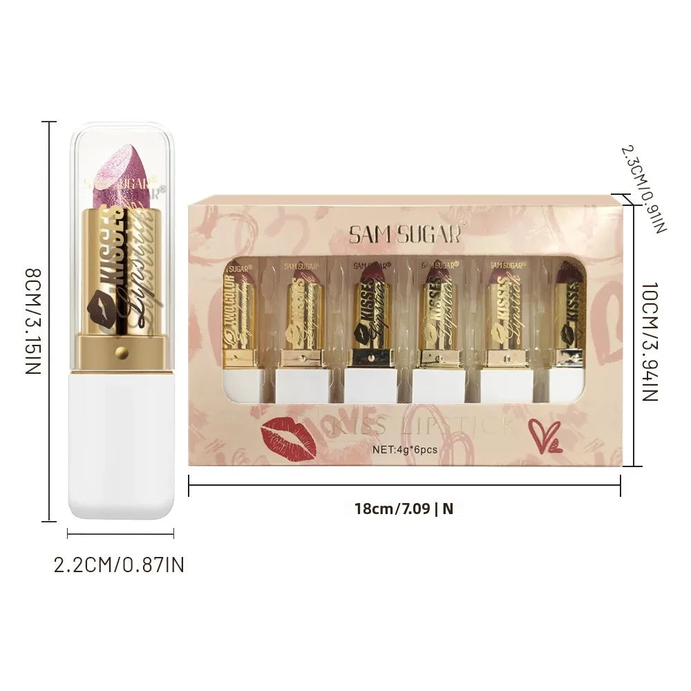 SAM SUGAR 6-Pc Pearlescent Lipstick Set – High Shine & Waterproof Lipstick Set HIP