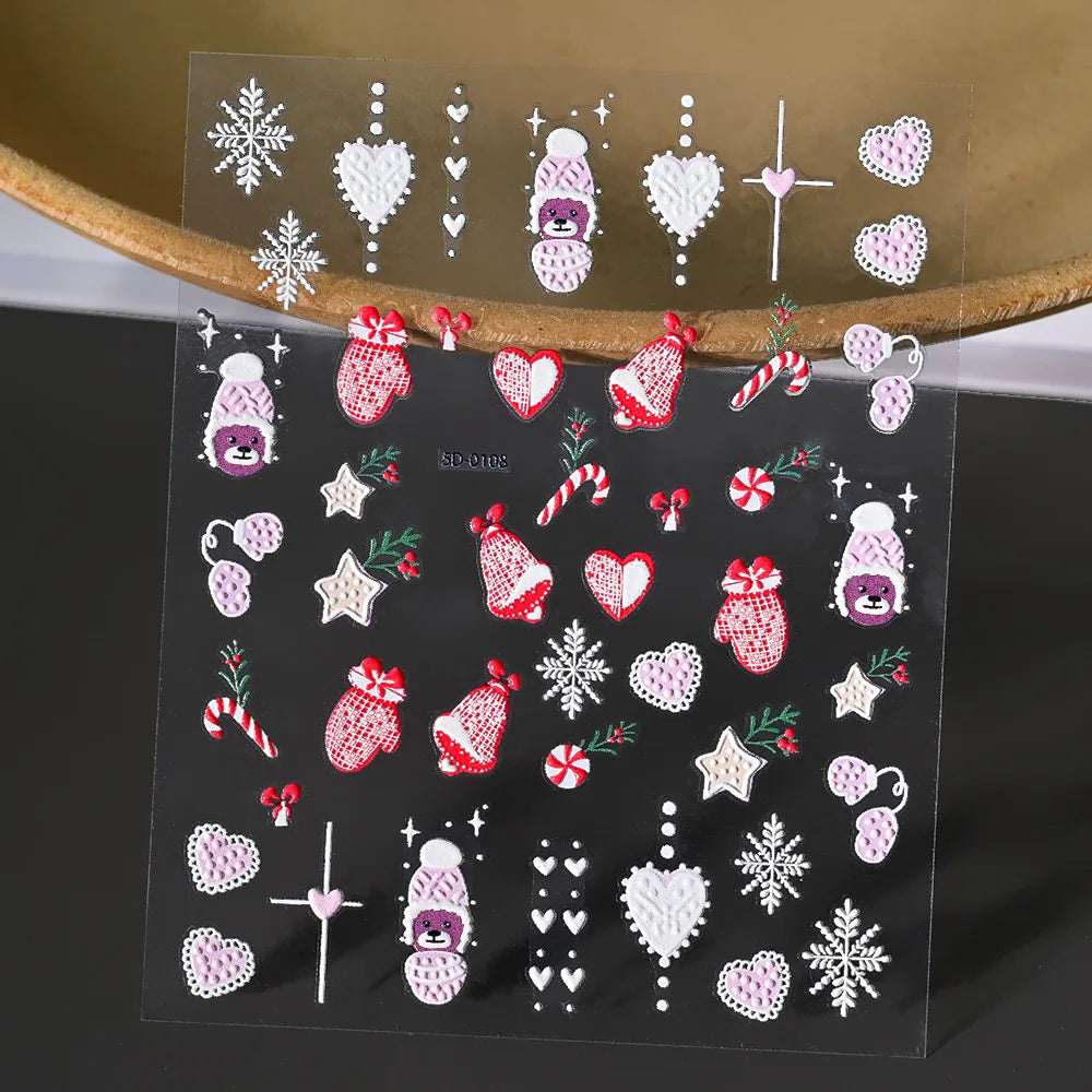 5D Embossed Santa Claus Gingerbread Man Elk Nail Art Stickers Christmas Cartoon Bear Snowman Tree Sliders New Year Xmas Decals HIP