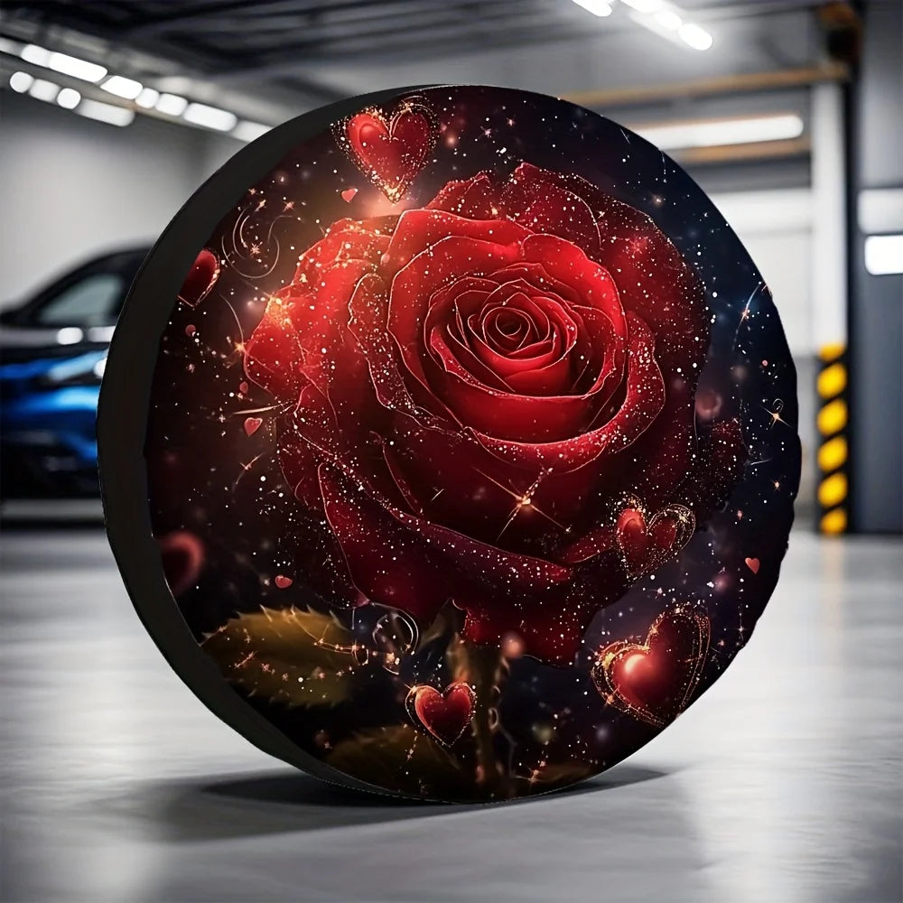 Elegant Rose Blossom Spare Tire Cover – Red & Gold Design Spare Tire Cover HIP 1 14 in