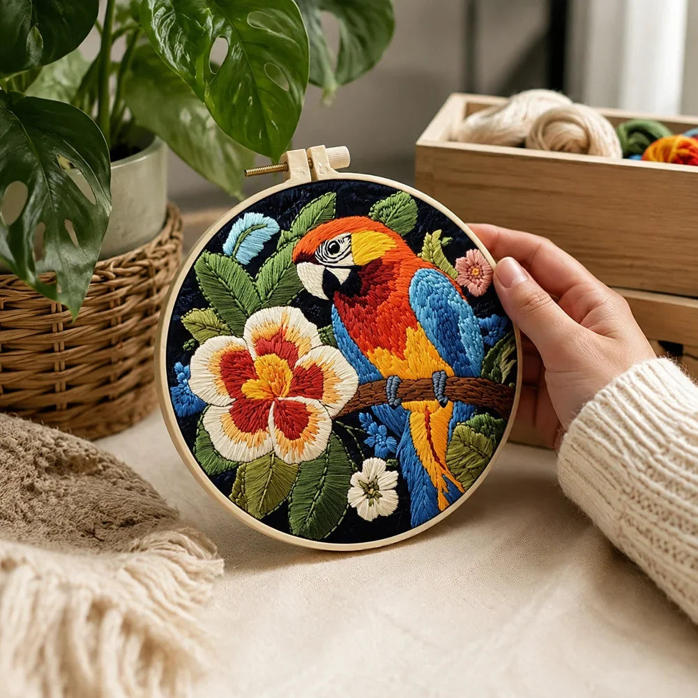DIY Parrot Embroidery Set Embroidery Supplies with 15cm Bamboo Ring Animal Sewing Hobby Butterfly Bird Bee Adult Beginner Gift HIP