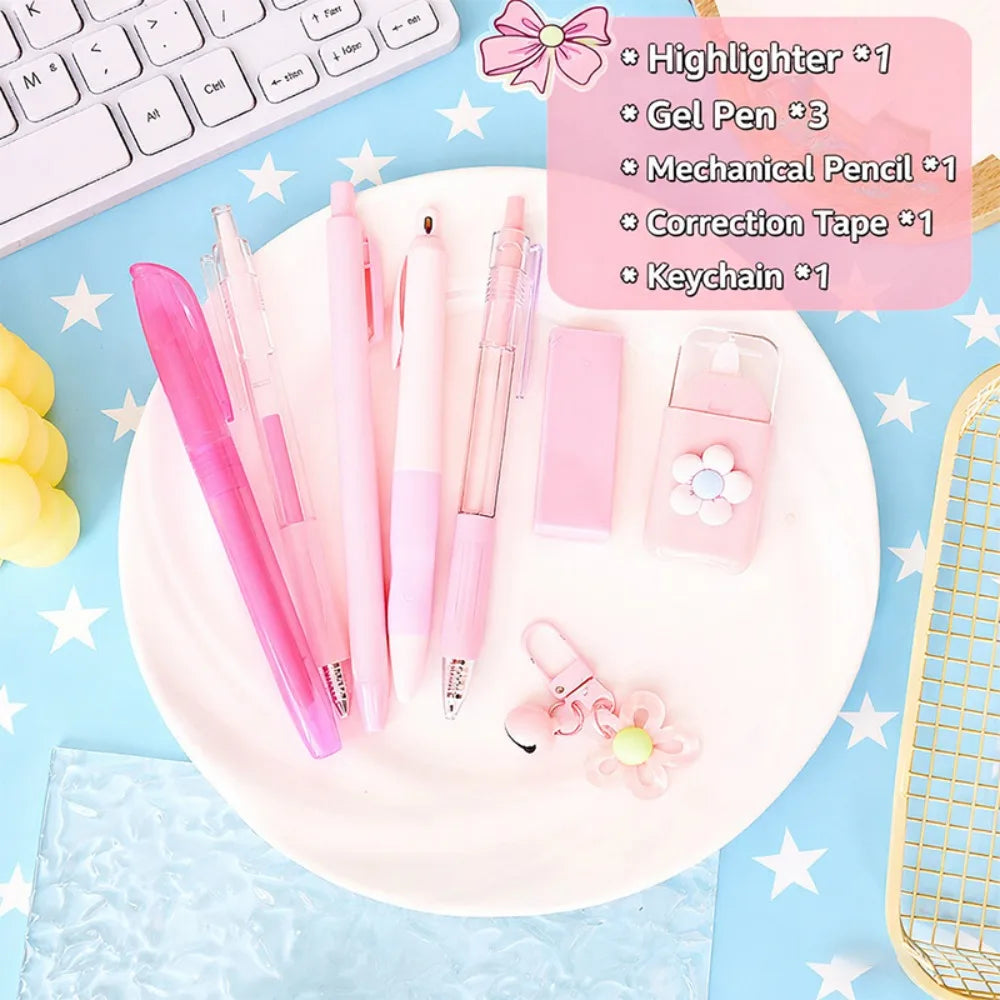8-in-1 Flower Stationery Set – Gel Pen, Pencil, Eraser & More Student Stationery Set HIP Pink