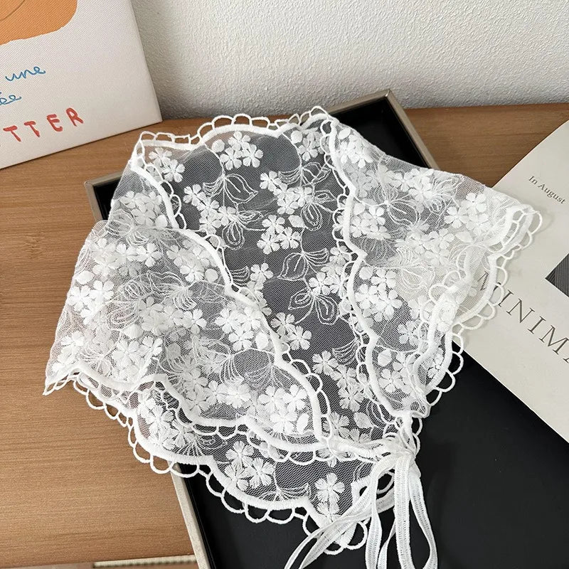 Women's Thin Style Lace Triangular Scarf Summer French Style Headscarf Headband Silk Scarf Retro Decoration Countryside Style HIP 05 Tri-Flower