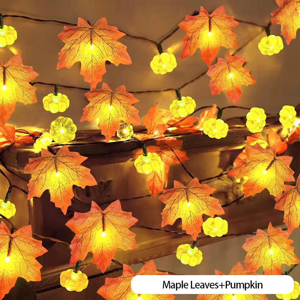 10/20LED Artificial Autumn Maple Leaves Garland Led Fairy Lights for Christmas Decoration Thanksgiving Party DIY Decor Halloween HIP Maple Leaves Pumpkin 3m20lights USB