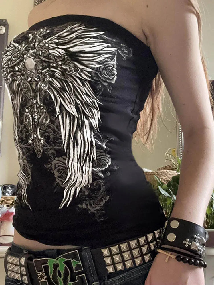 Gothic Print Black Tube Top Women Strapless Skinny Cropped Tops Summer Casual Chic Graphic Tees Y2K Streetwear Vest Basic HIP