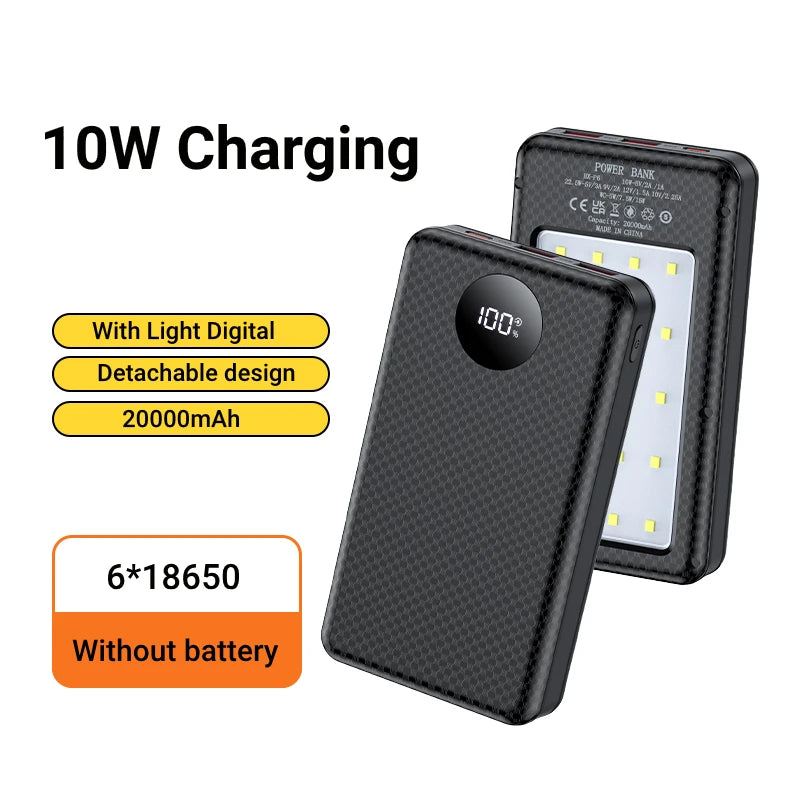 SEamopar 20000mAh 18650 Power Bank Case – 10W Wireless Charging Power Bank Case HIP Black