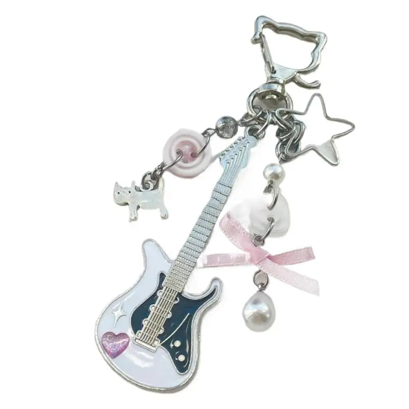 Y2K Guitar Cat Keychain – Rock Punk Pentagram Bow Pendant Fashion Keychain HIP 1pc