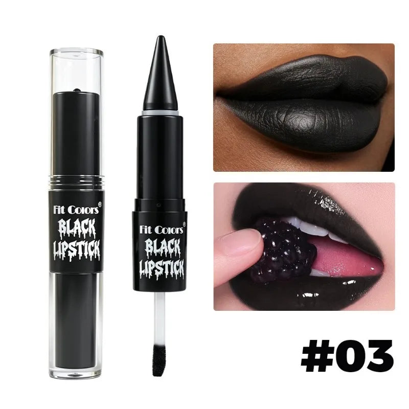 2 in 1 Halloween Lipstick Lip Gloss Non-Stick Cup Long Lasting Black Lip Makeup Moisturizing Shiny Lip Oil Gothic Dark Cosmetics HIP 03