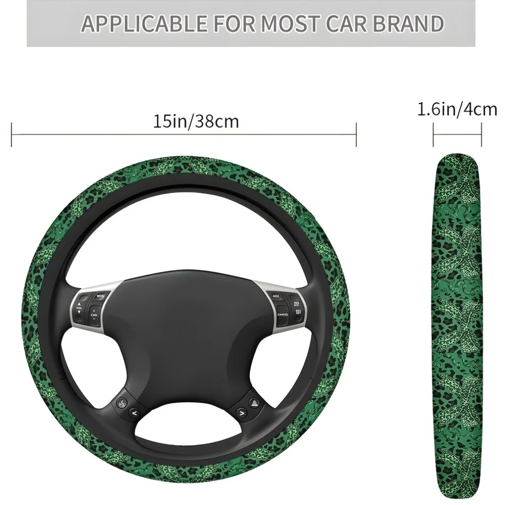 Green Leopard Print Bow Steering Wheel Cover – Soft Grip Steering Wheel Cover HIP