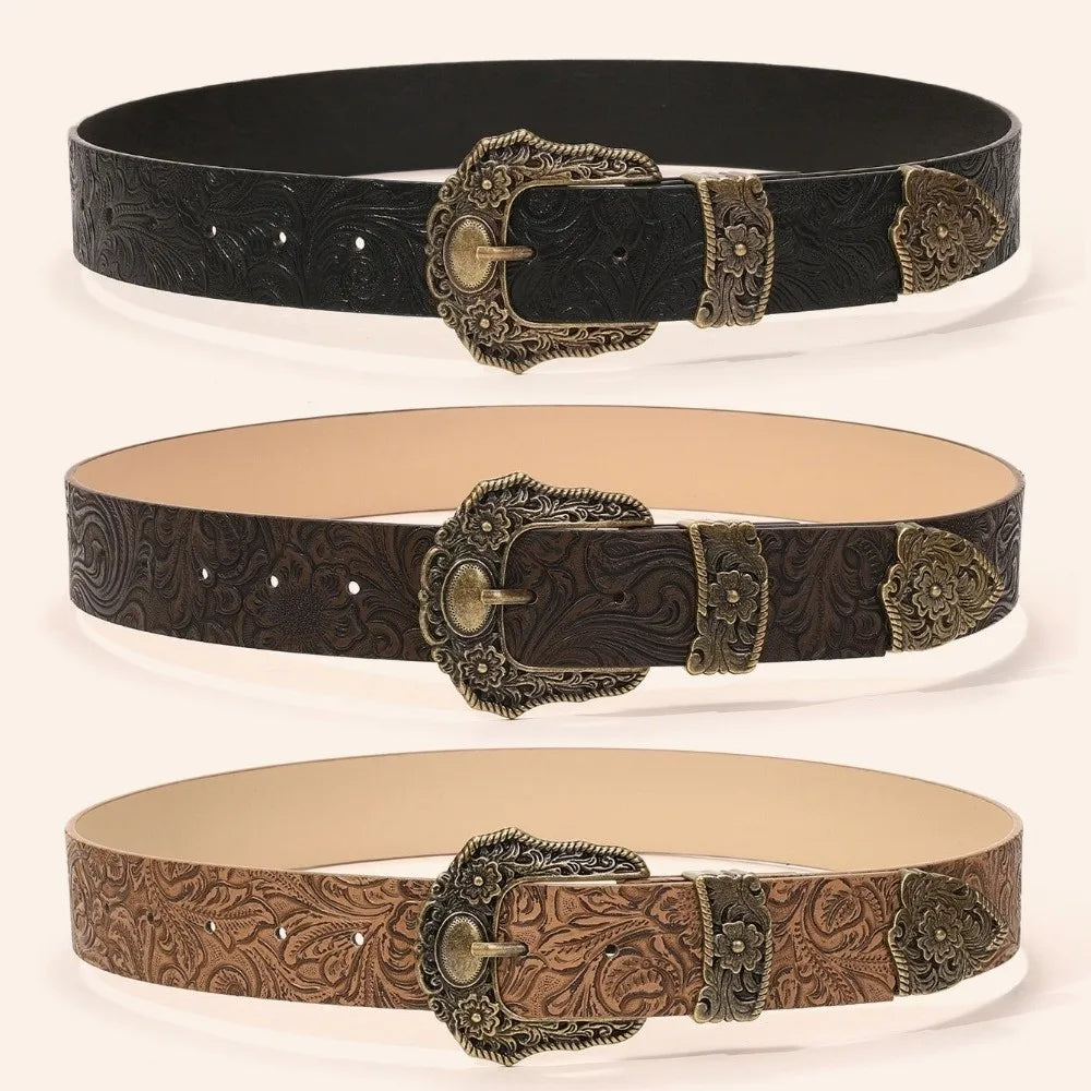 Wide Western Cowboy Belt – PU Leather Vintage Buckle Unisex Fashion Belt HIP