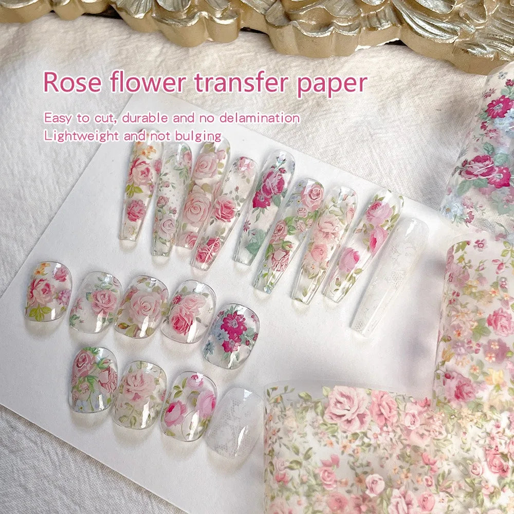 Lace Floral Nail Transfer Stickers Colorful Rose Flower Nail Foil French Vintage Style for DIY Manicure Transfer Paper Ornament HIP