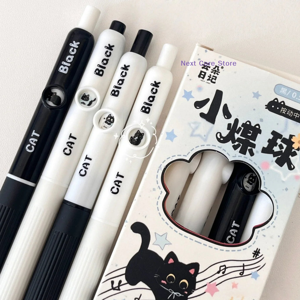 4-Pack Kawaii Cat Gel Pens 0.5mm Quick-Dry Black Ink | Cute Stationery Gel Pen Set HIP