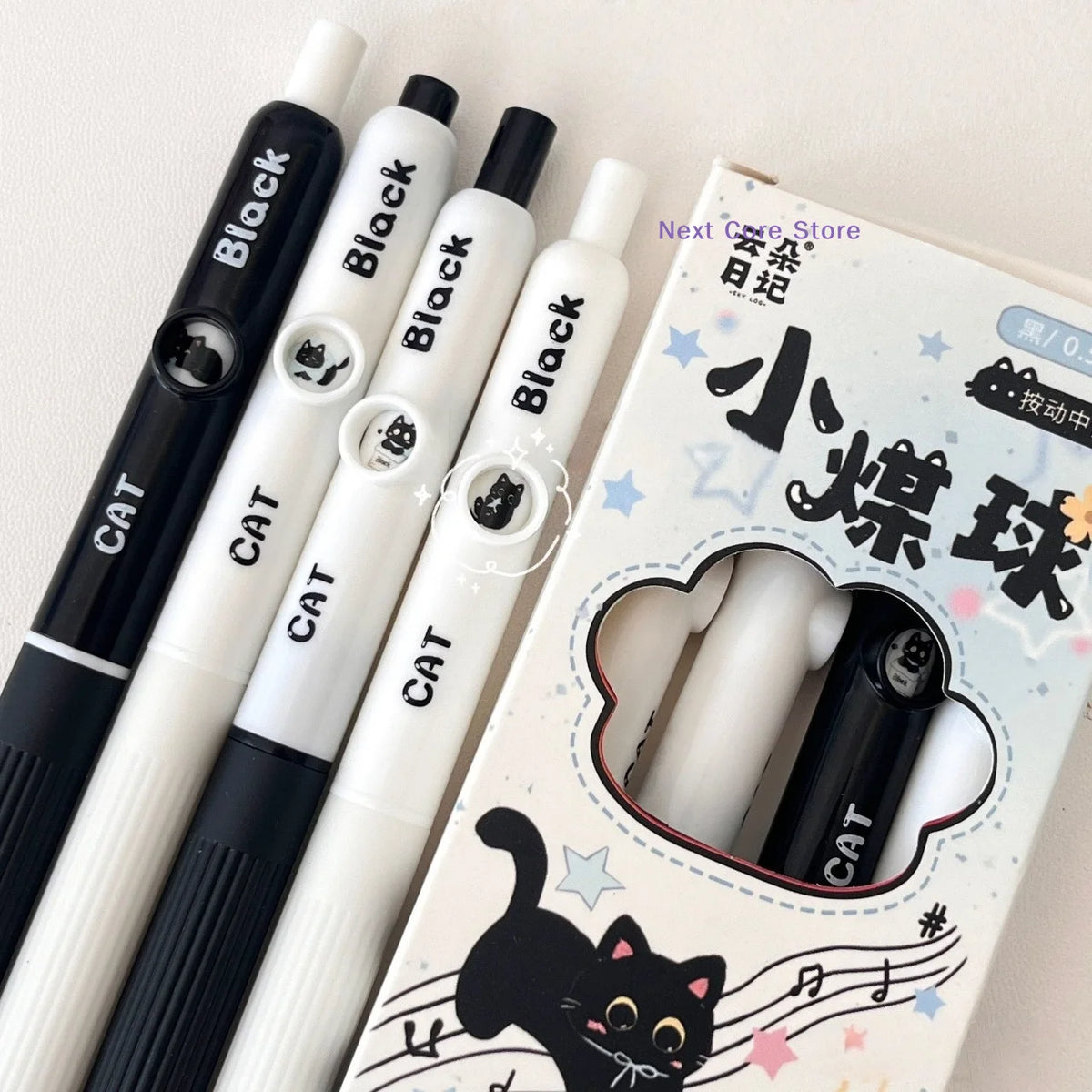 4-Pack Kawaii Cat Gel Pens 0.5mm Quick-Dry Black Ink | Cute Stationery Gel Pen Set HIP