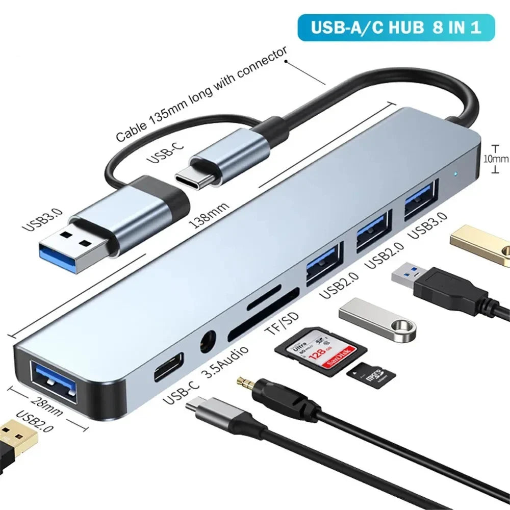 8-in-1 USB Expander HUB USB Distributor with 2 USB 3.0, 2 USB 2.0, And 1 USB C Ports, TF/SD Card Suitable For Laptops PC Macbook HIP 8 in 2