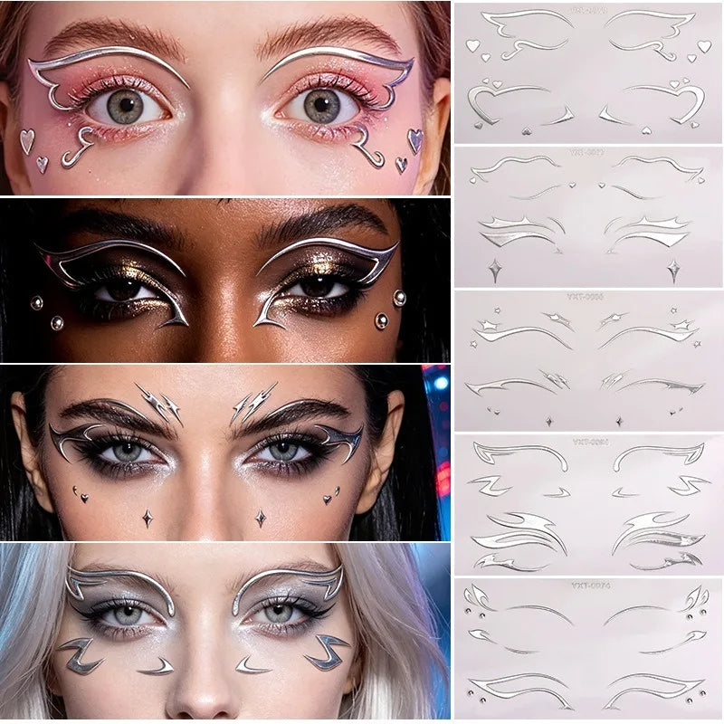 Silver Cosplay Eyelashes Eye Wing Tattoo Eyeliner Sticker Metal Facial Sticker Self Adhesive Face Decor Moon Star Tattoo Makeup HIP