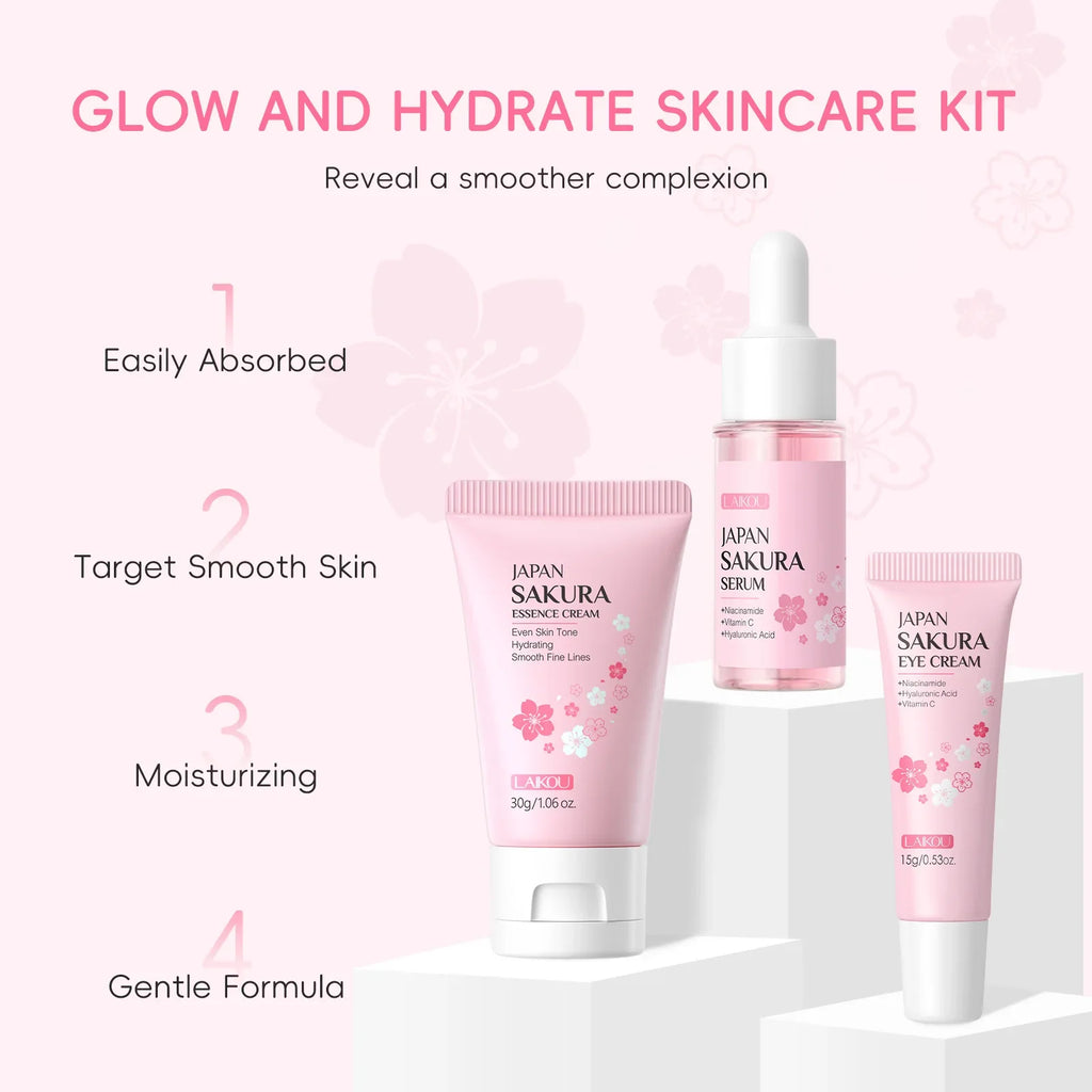 LAIKOU Sakura 3-Piece Skincare Set – Serum, Eye Cream & Essence Skincare Gift Set HIP