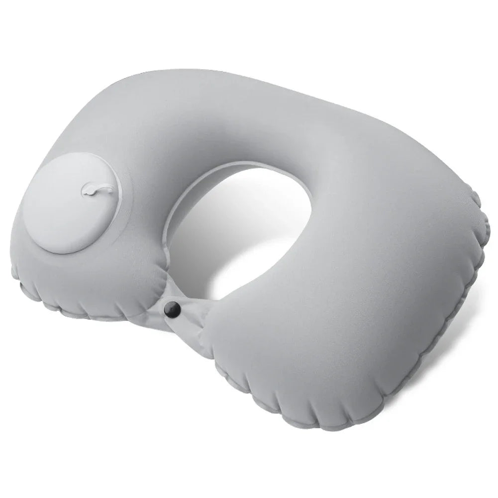 U Shape Neck Cushion Automatic Air Inflatable Pillow Compress Ring Pillow For Airplane Car Outdoor Travel Flocking Milk Fiber HIP Gray-Milk Fiber