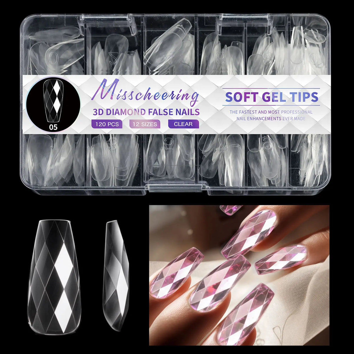 3D Diamond 120/140pcs Square Almond Coffin Nail Extension Tips Natural Clear Full Cover Nails Dual Form Soft Gel Nail Tips HIP 05
