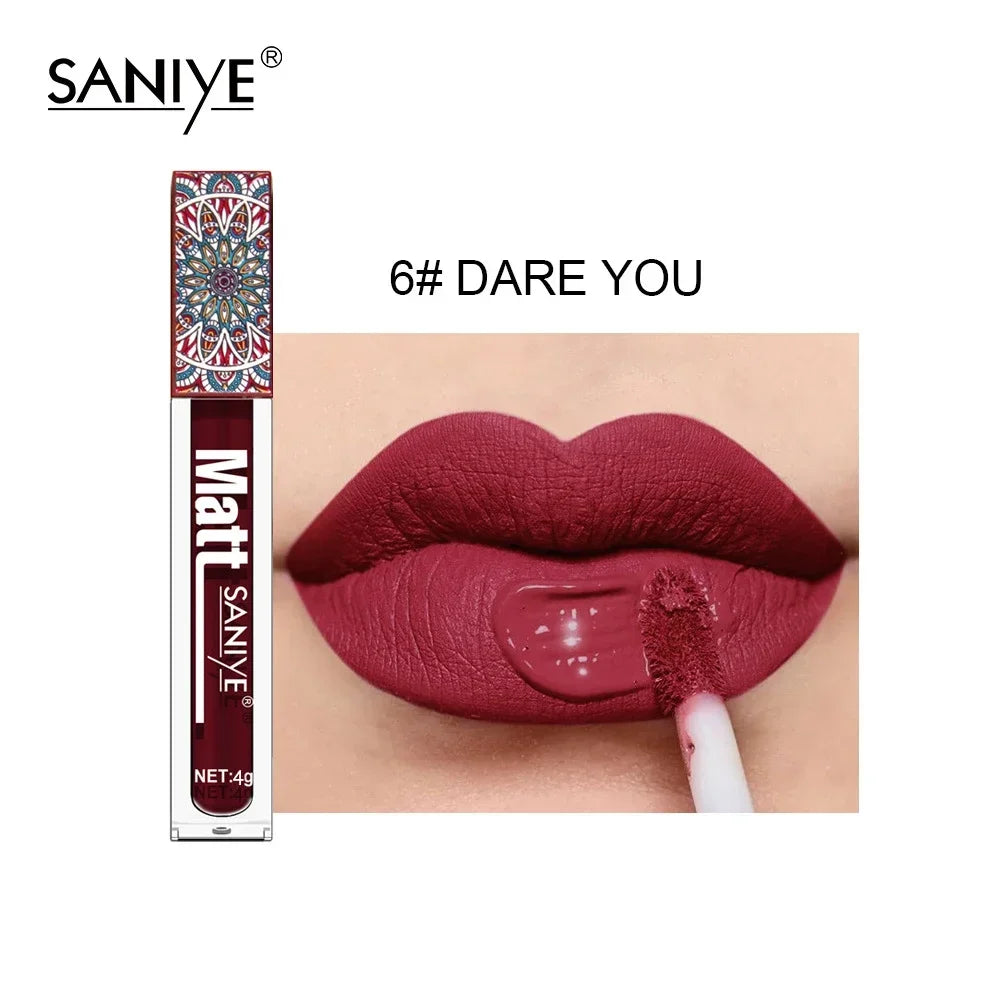 SANIYE Brand Makeup Nude Lip Gloss Waterproof Liquid Matte Lipstick Long Lasting 4g Quick Dry Red Lip Gloss Cosmetics HIP 06