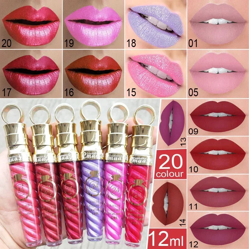 20 Colors Lipstick Waterproof Long Lasting Matte+Shimmer Mental Beauty Lip Gloss Nude Glitter Lip Gloss Beauty Sexy Lip Tint HIP