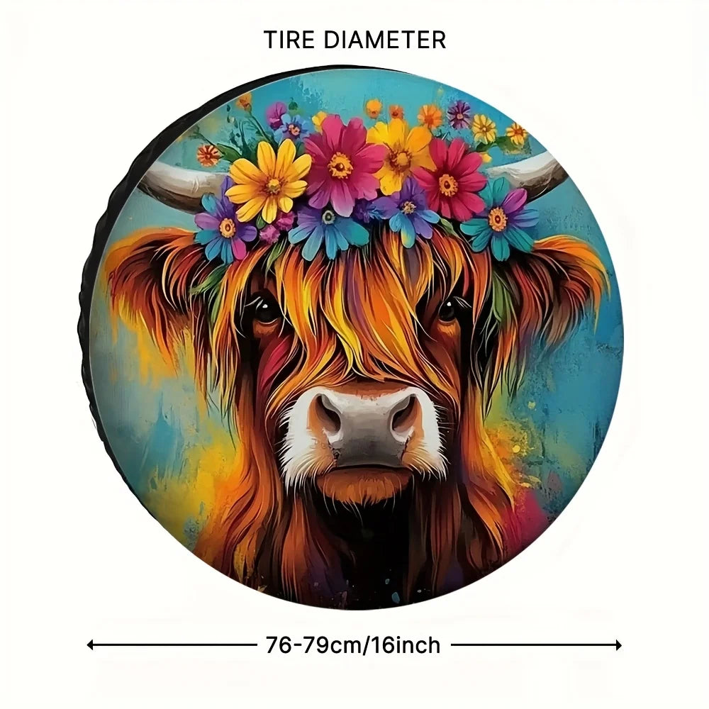 Cow Print Spare Tire Cover – Colorful Floral Bull Design Spare Tire Cover HIP 1 17 in