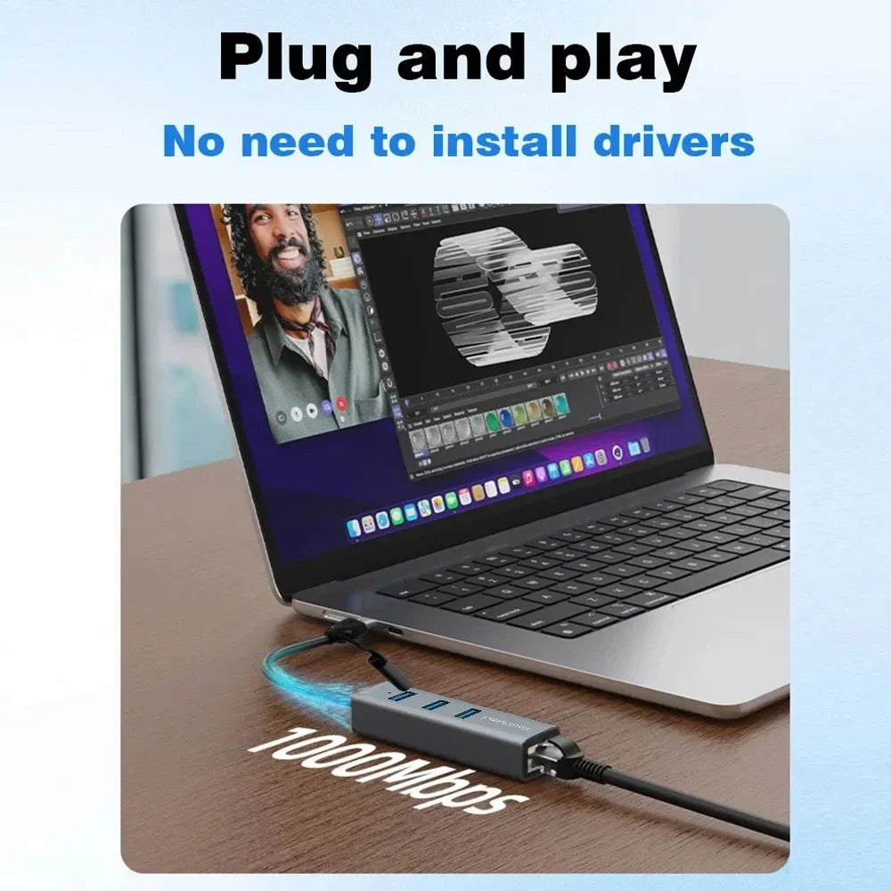 4-in-1 USB-C Hub – Gigabit Ethernet & 3x USB 3.0 | KEBIDUMEI USB-C Hub Adapter HIP