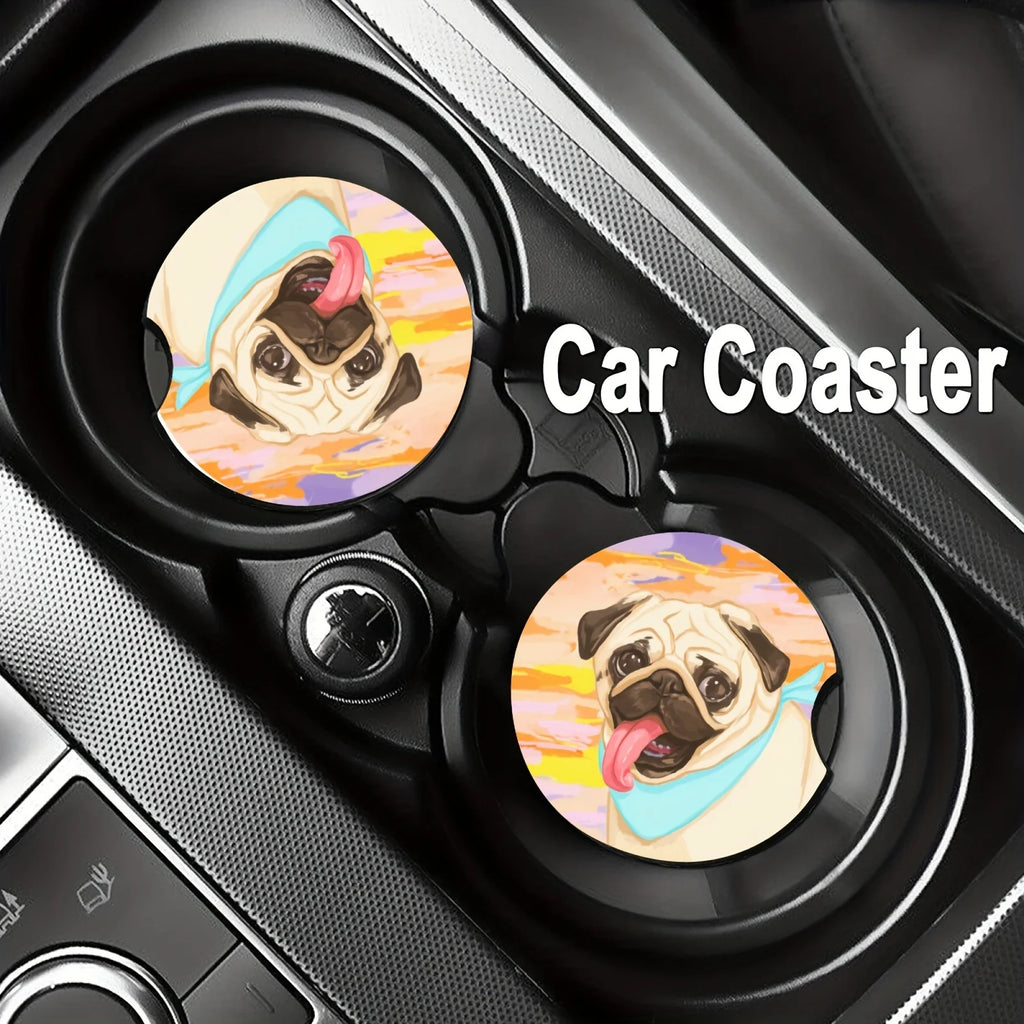 2-Pack Pug Dog Absorbent Cup Holder Coasters – Auto & Home Cup Holder Coasters HIP